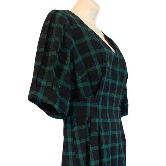 Eloquii Cotton Flannel Green Navy Plaid Tie Back Office Casual Fall Winter Dress - Picture 11 of 16